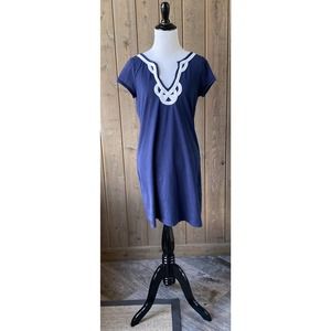Lilly Pulitzer M Dress Brewster Pima Cotton Short Sleeve V-Neck Navy Blue Medium